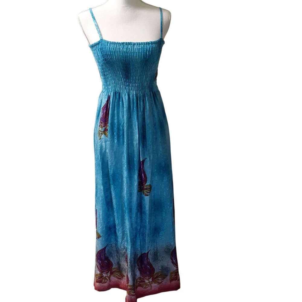 India Boutique Maxi Dress Womens Size Medium Blue Floral Smocked Sleeveless